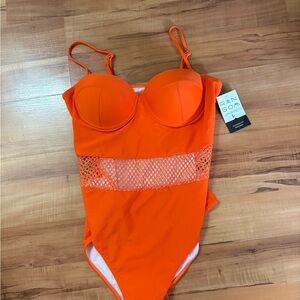 Bright Orange One-Piece Swimsuit with Mesh Waistband